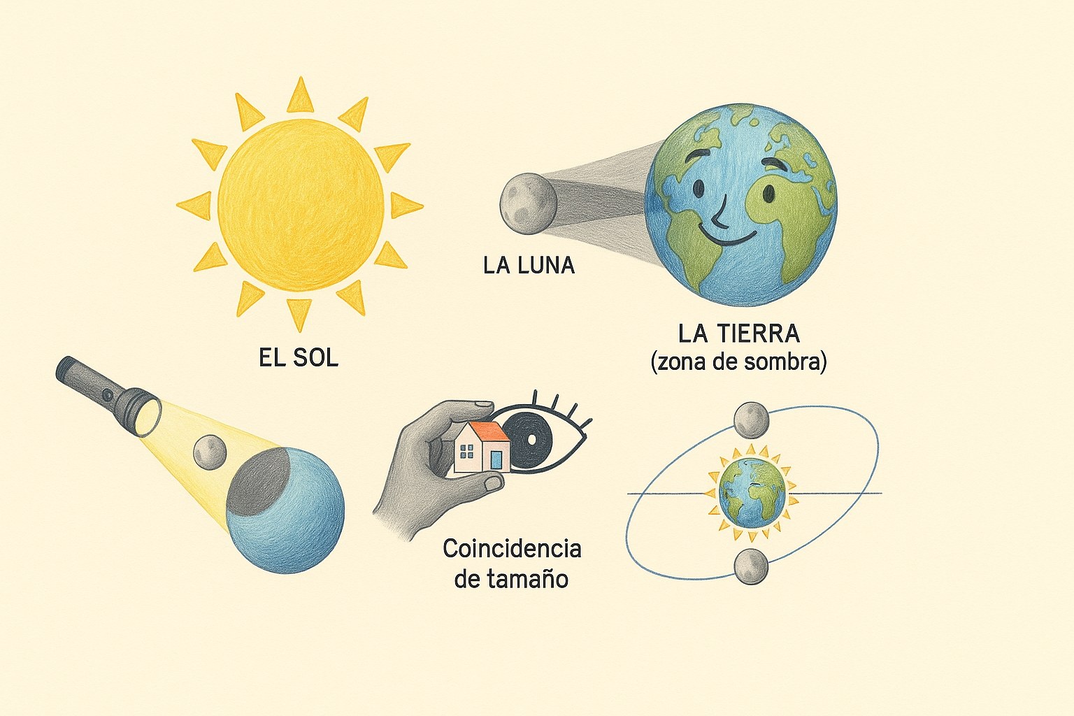 Esquema educativo que muestra la alineación del Sol, la Luna y la Tierra durante un eclipse