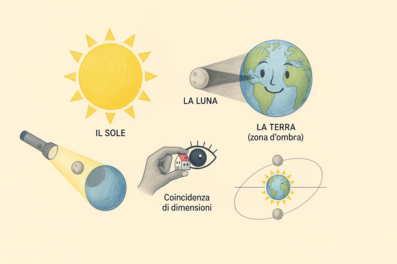 Schema didattico che mostra l'allineamento del Sole, della Luna e della Terra durante un'eclissi