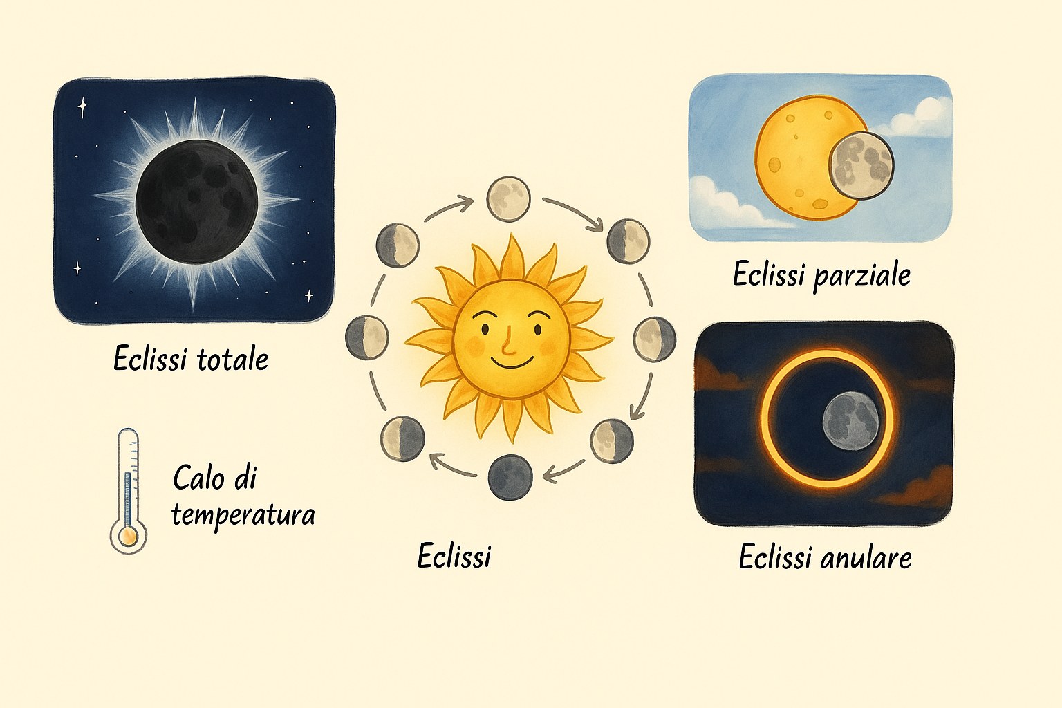 Illustrazione dei tre tipi di eclissi solare: totale, parziale e anulare