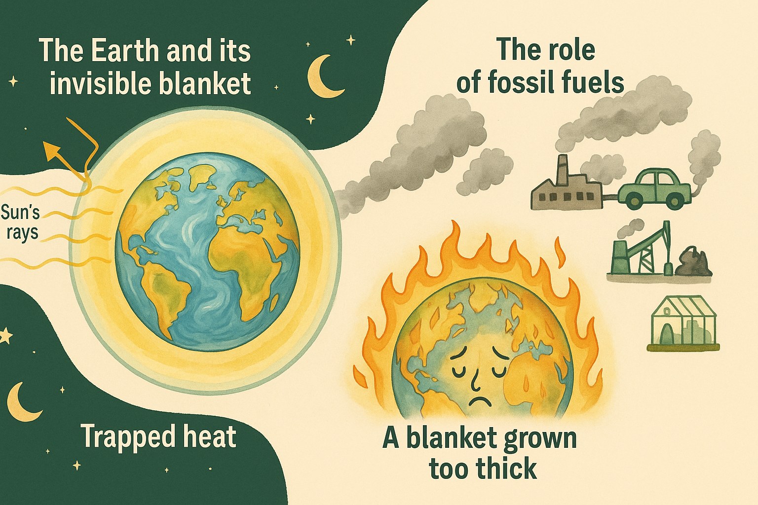 Diagram explaining global warming with the Earth and pollution