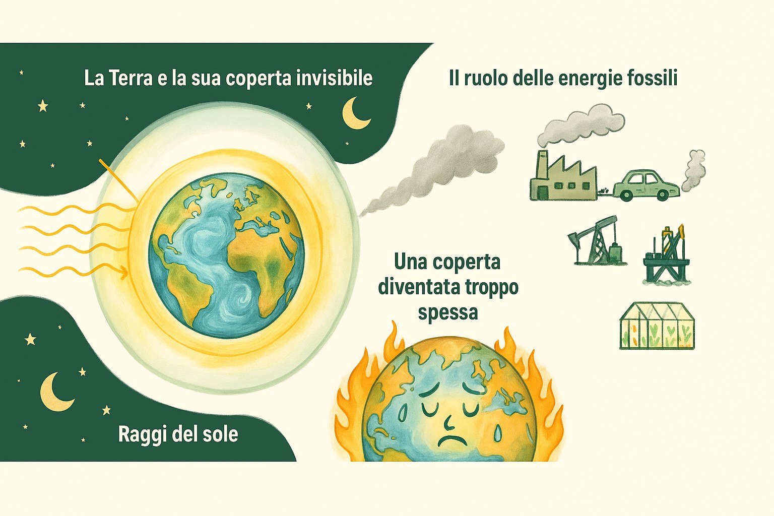 Schema che spiega il riscaldamento globale con la Terra e l'inquinamento
