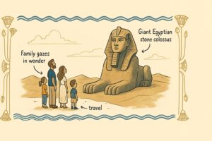 Children gazing up at a giant stone statue of a pharaoh in Egypt