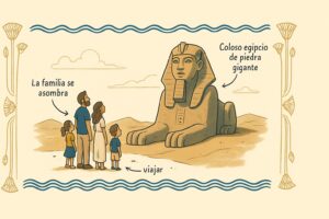 Niños admirando una estatua monumental de un faraón en Egipto
