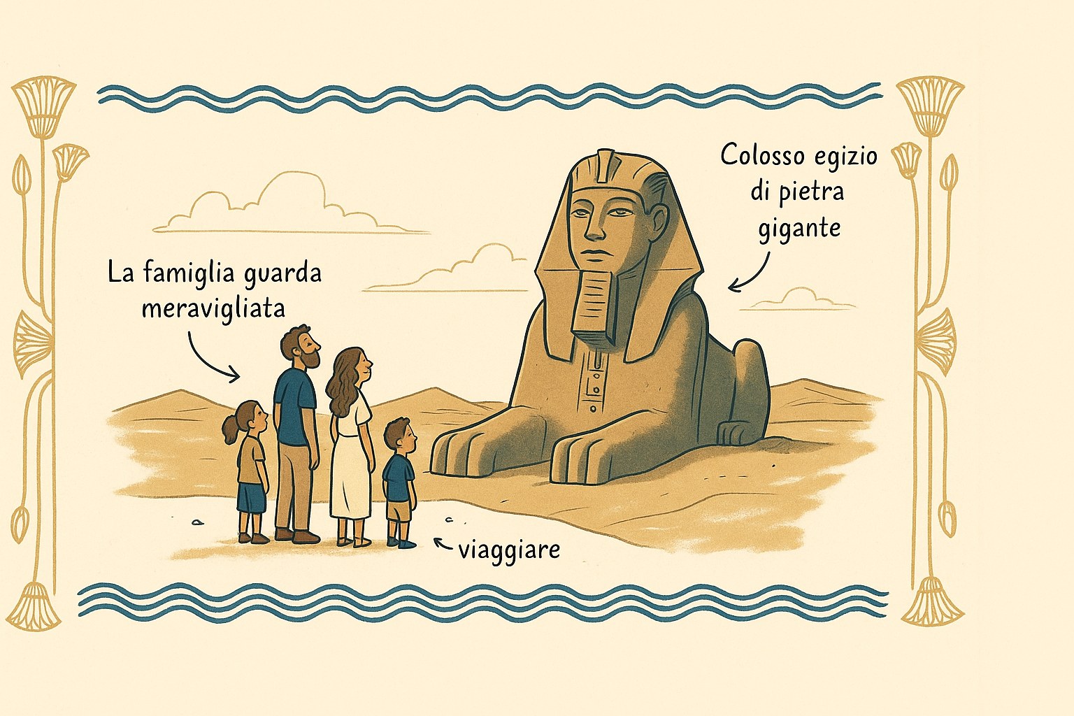Bambini che ammirano una statua monumentale di un faraone in Egitto