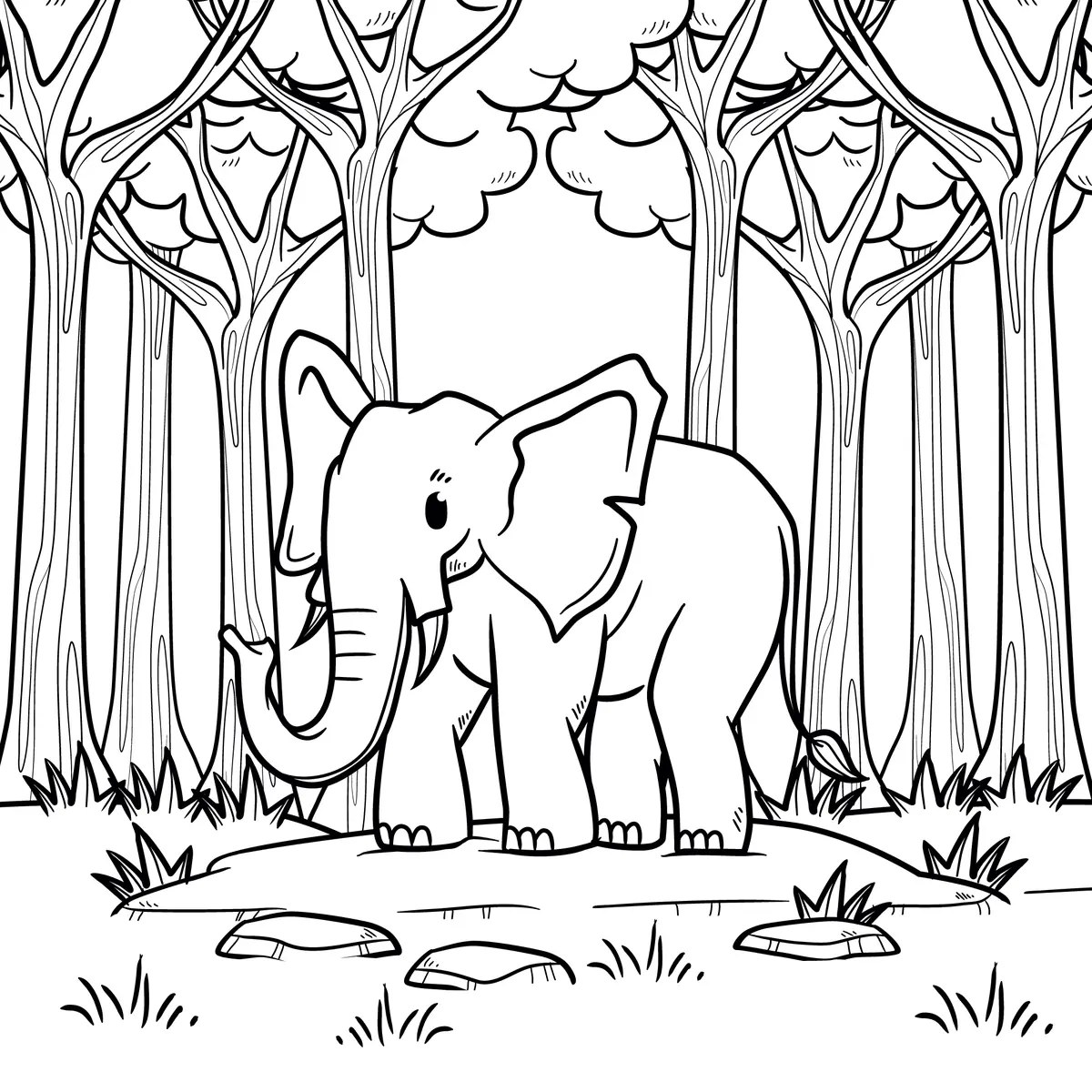 dibujo de un elefante en un bosque de árboles sencillos con rocas para imprimir