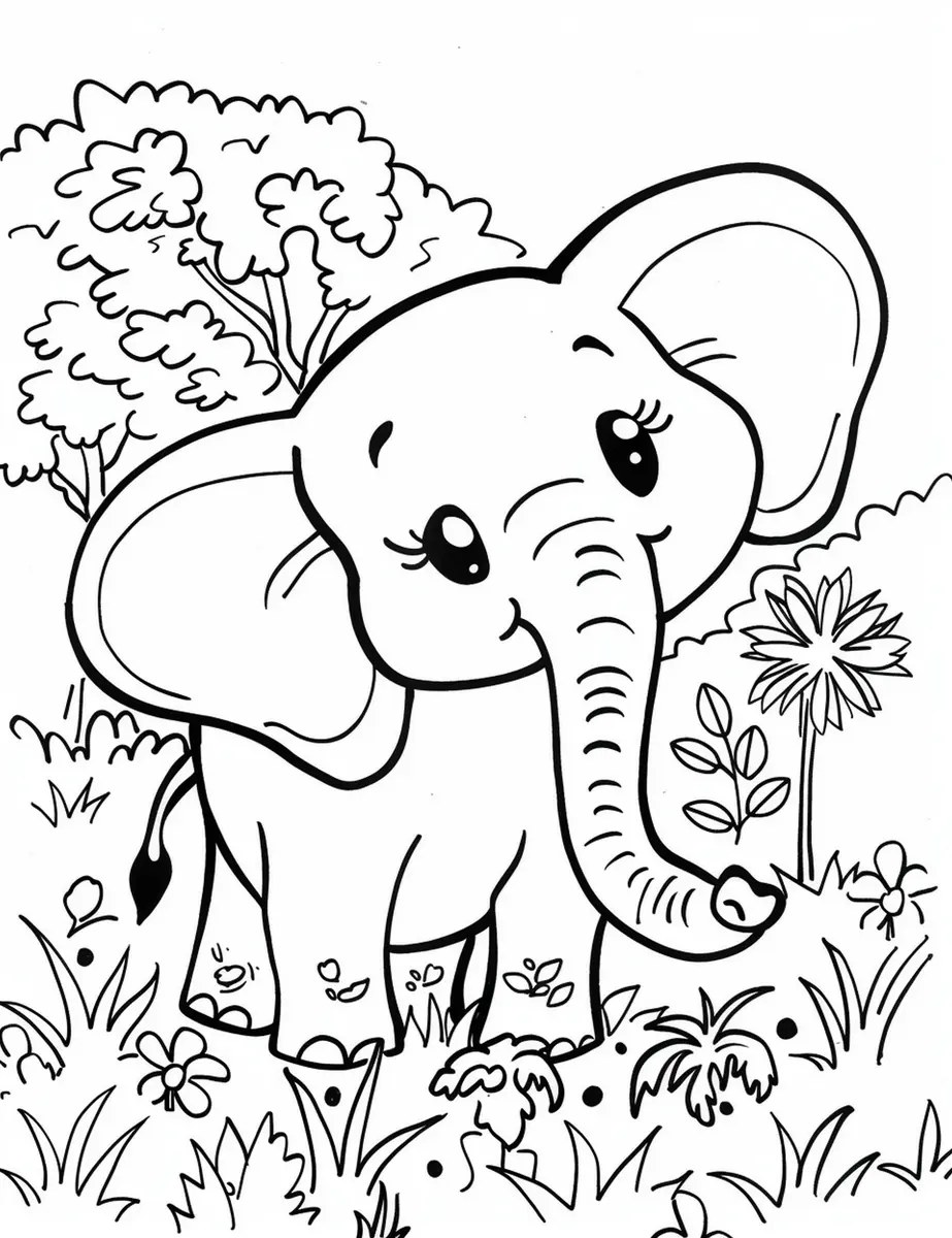 dibujo de un elefante kawaii sonriente delante de un árbol en la pradera para imprimir