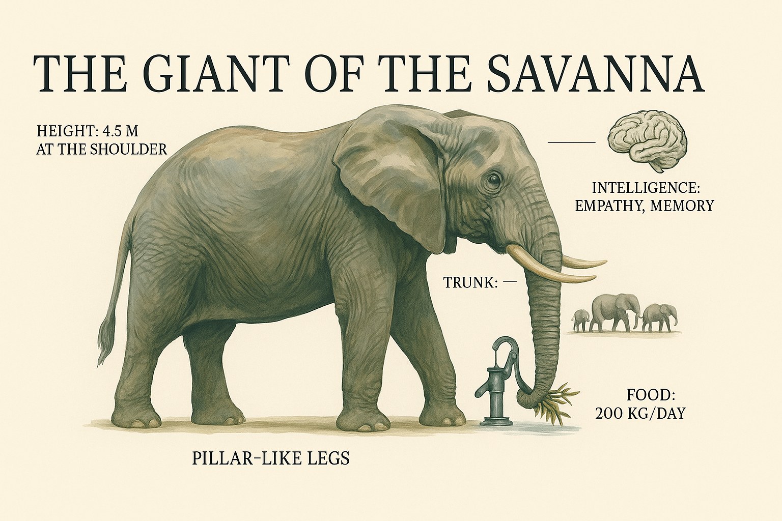 Hand-painted illustration of an African savanna elephant in profile, labelled the giant of the savanna, with its height, weight and daily food intake