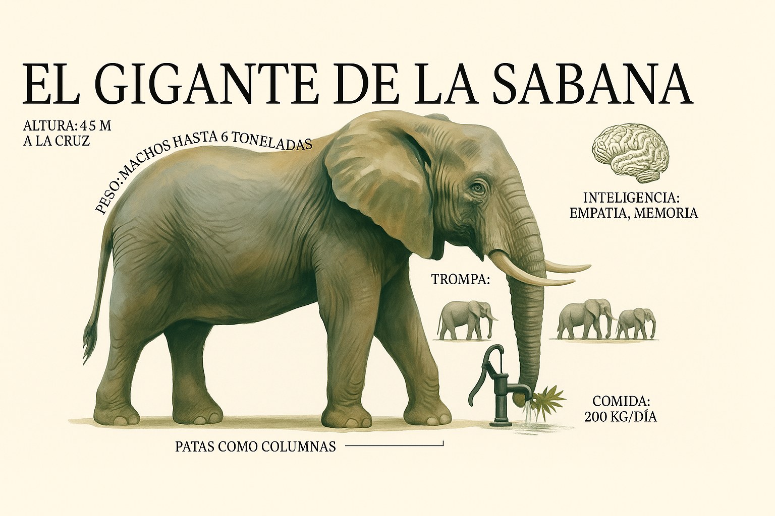 Ilustración pintada a mano de un elefante africano de sabana de perfil, llamado el gigante de la sabana, con su altura, su peso y su consumo diario de comida