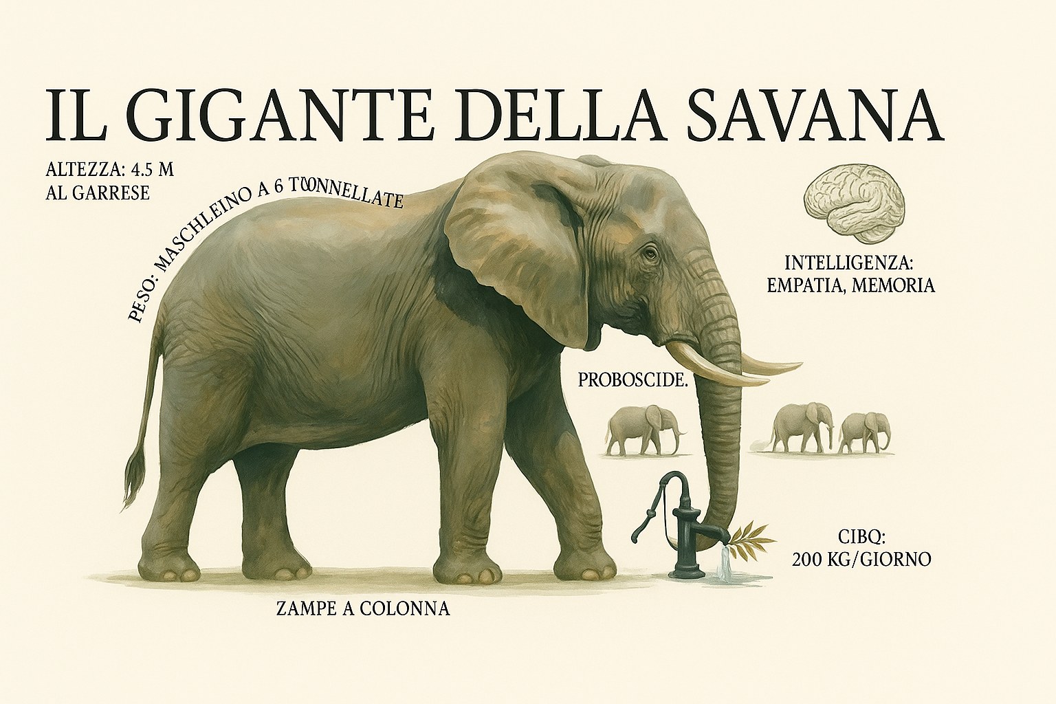 Illustrazione dipinta a mano di un elefante africano di savana di profilo, chiamato il gigante della savana, con la sua altezza, il suo peso e il suo consumo giornaliero di cibo