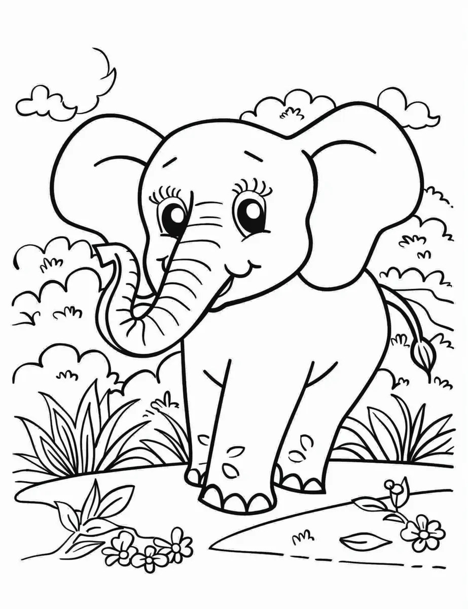 dibujo de un elefante sonriente en un camino con nubes y arbustos para imprimir