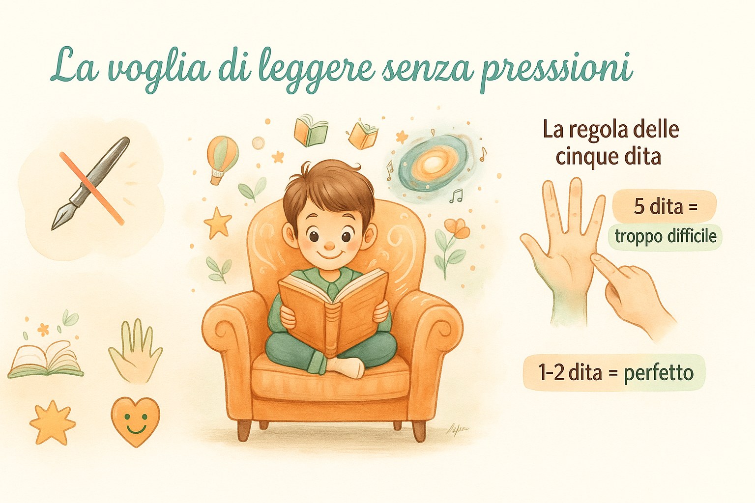 Infografica ad acquerello: un bambino che legge felice, con la regola delle cinque dita per scegliere un libro