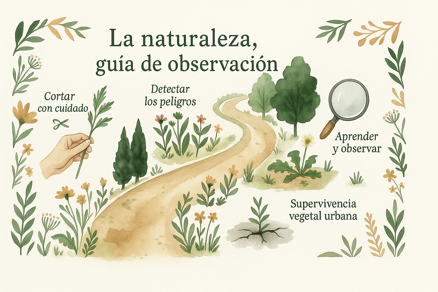 Niño observando la naturaleza con una lupa para crear un herbario