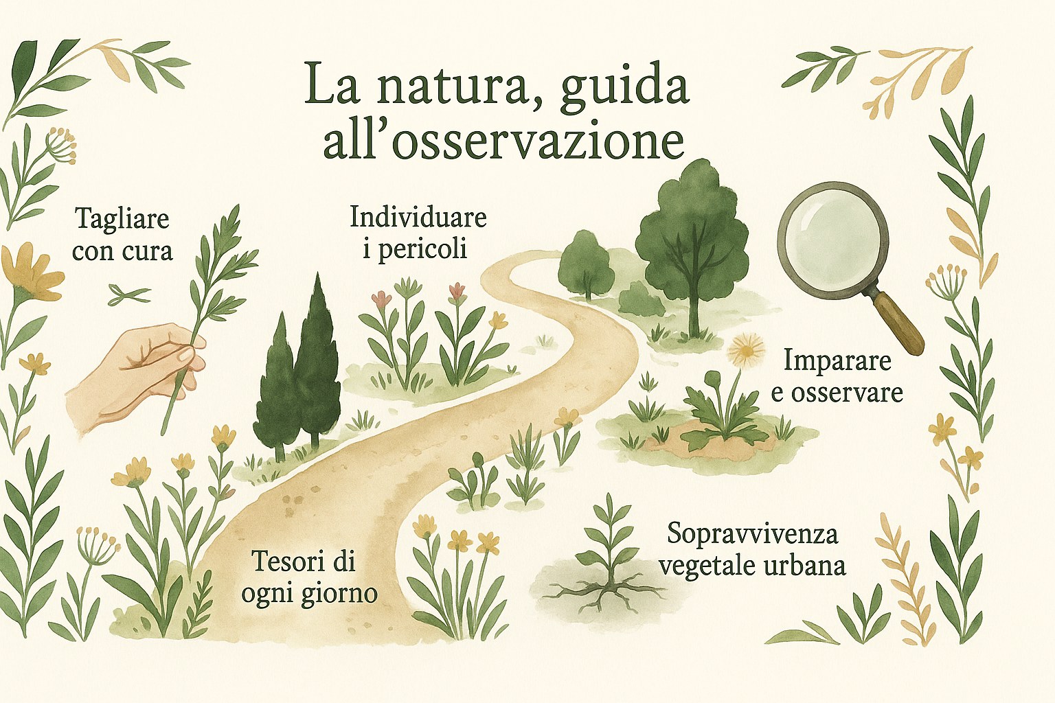 Bambino che osserva la natura con una lente di ingrandimento per creare un erbario