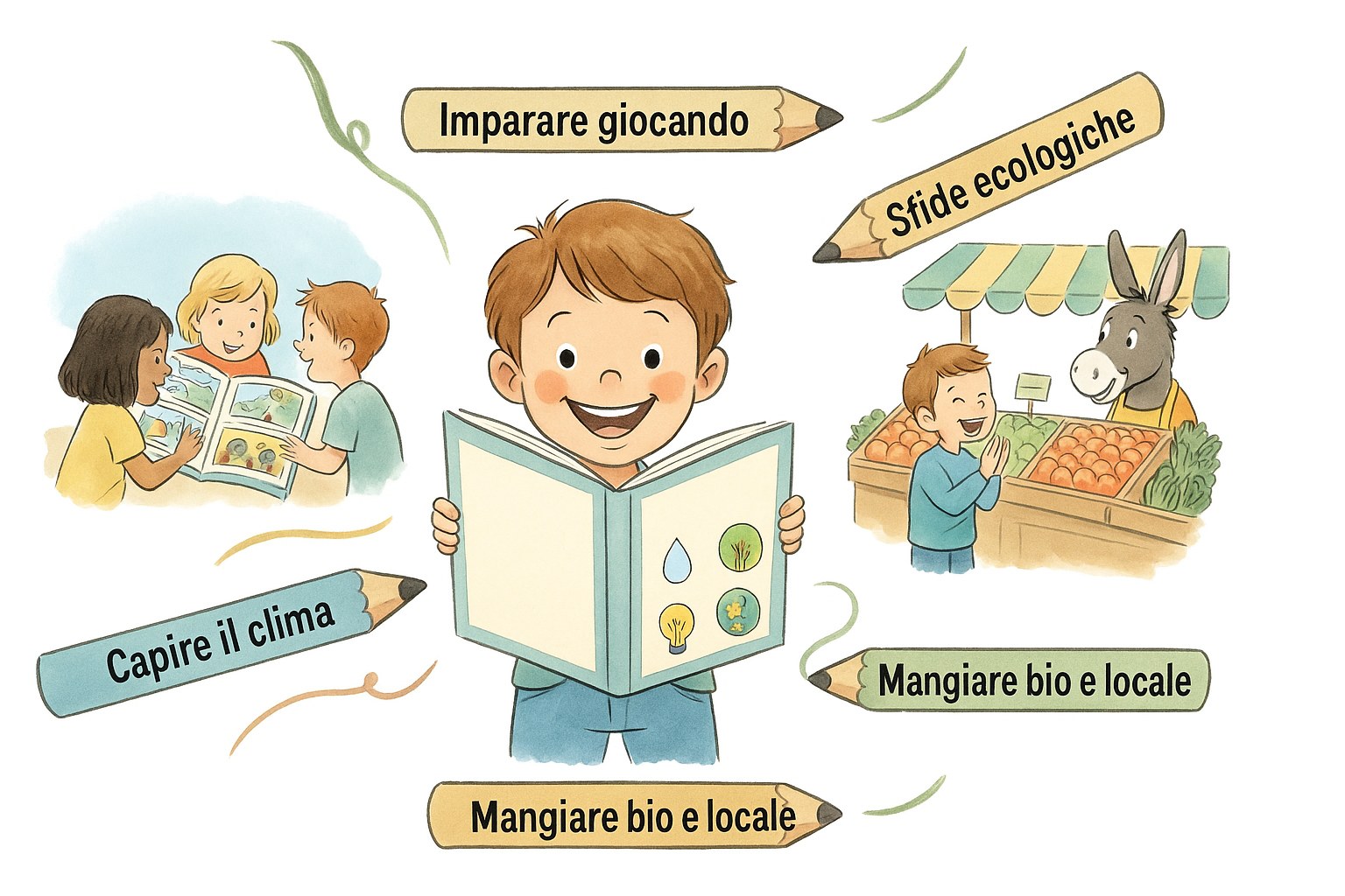 Bambini che si divertono a fare la raccolta differenziata e a scoprire la natura attraverso il gioco