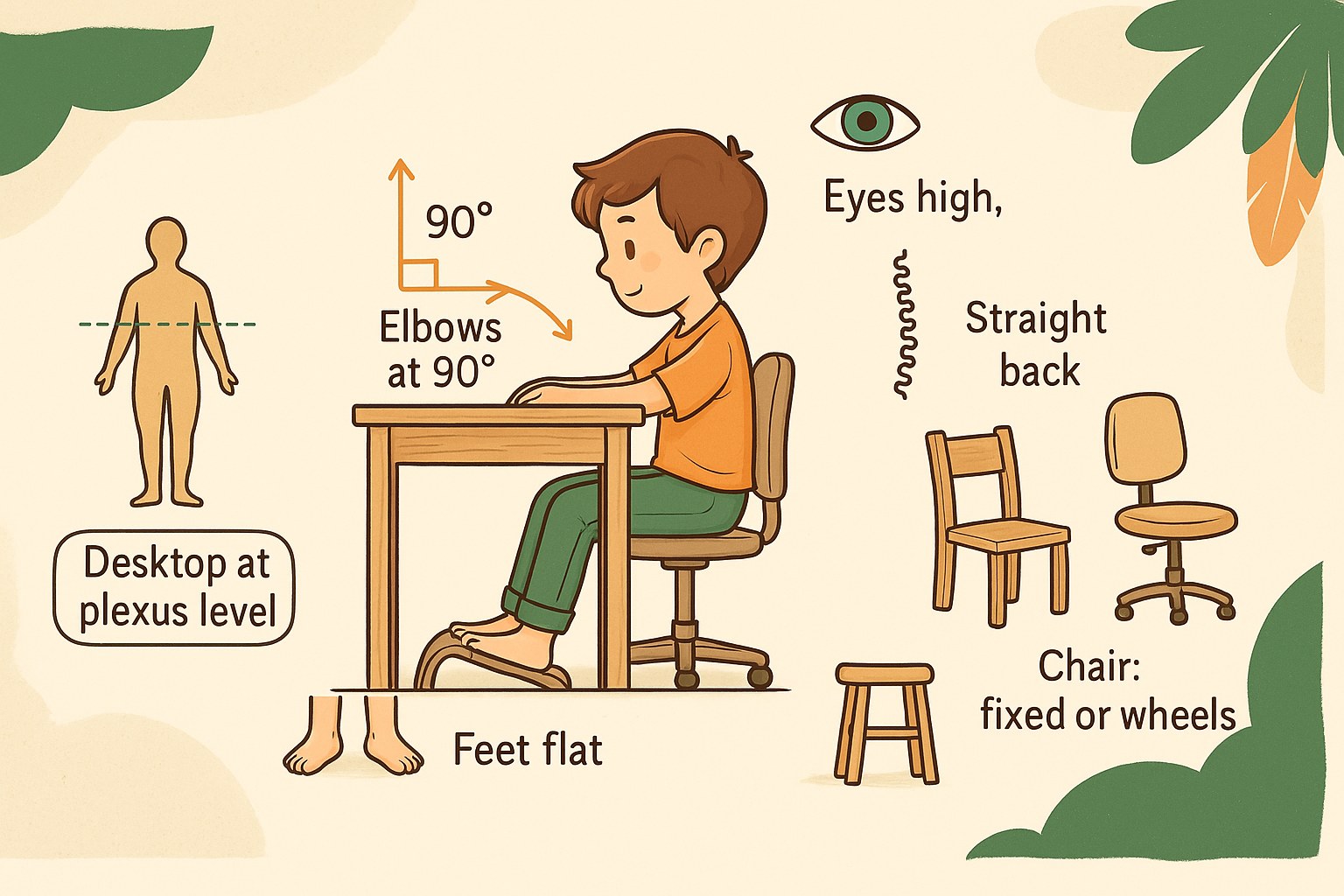 Child sitting properly at their desk with ergonomic posture and flat feet