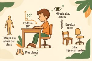Diagrama de postura ergonómica de un niño en su escritorio: tablero a la altura del plexo, codos a 90 grados, pies planos, espalda recta y opciones de silla, con etiquetas en español