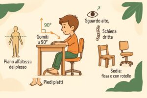Schema della postura ergonomica di un bambino alla scrivania: piano all'altezza del plesso, gomiti a 90 gradi, piedi piatti, schiena dritta e tipi di sedia, con etichette in italiano