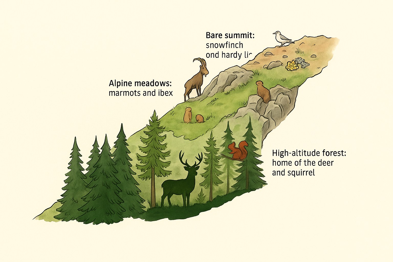 Illustration of the different mountain life zones and their wildlife, with labels in English