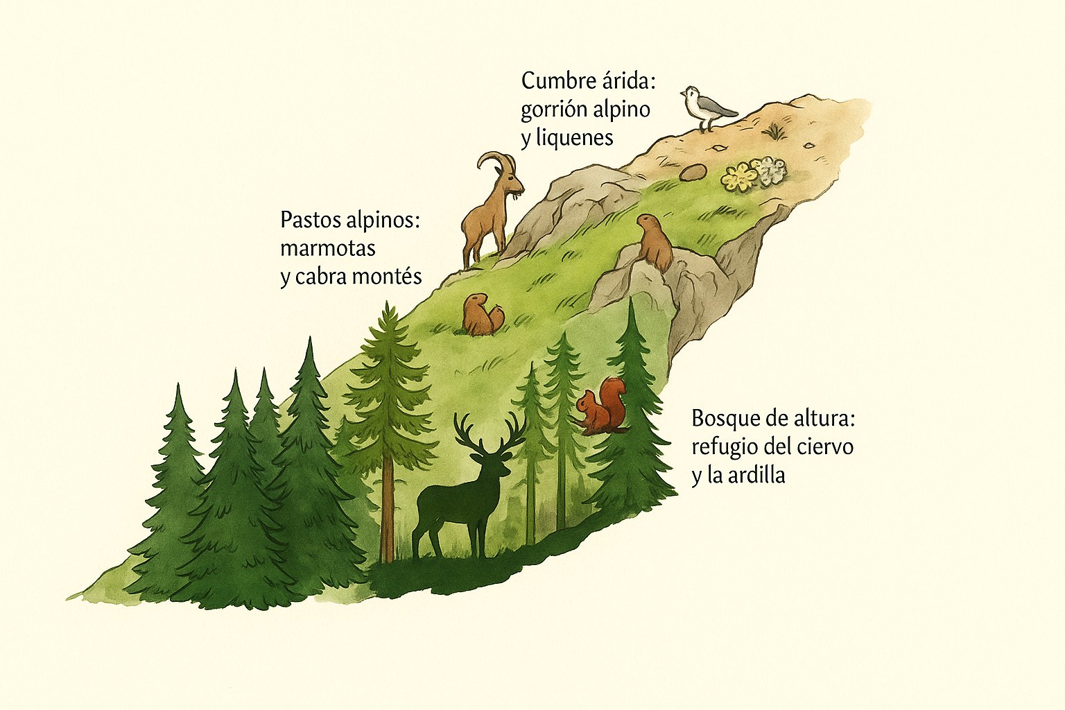 Ilustración de los diferentes pisos de vegetación y de la fauna en la montaña