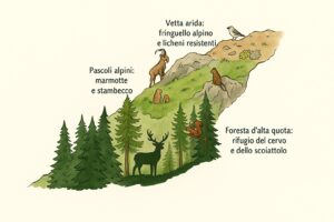 Illustrazione dei diversi piani di vita della montagna e della loro fauna, con etichette in italiano