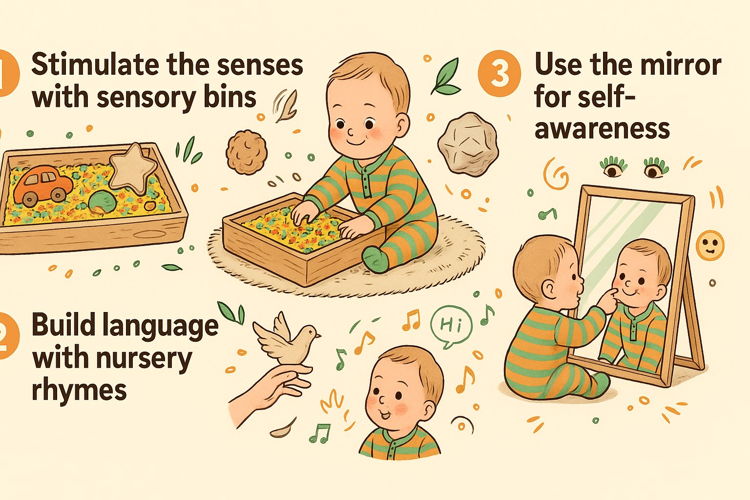Baby having fun with a colourful sensory bin