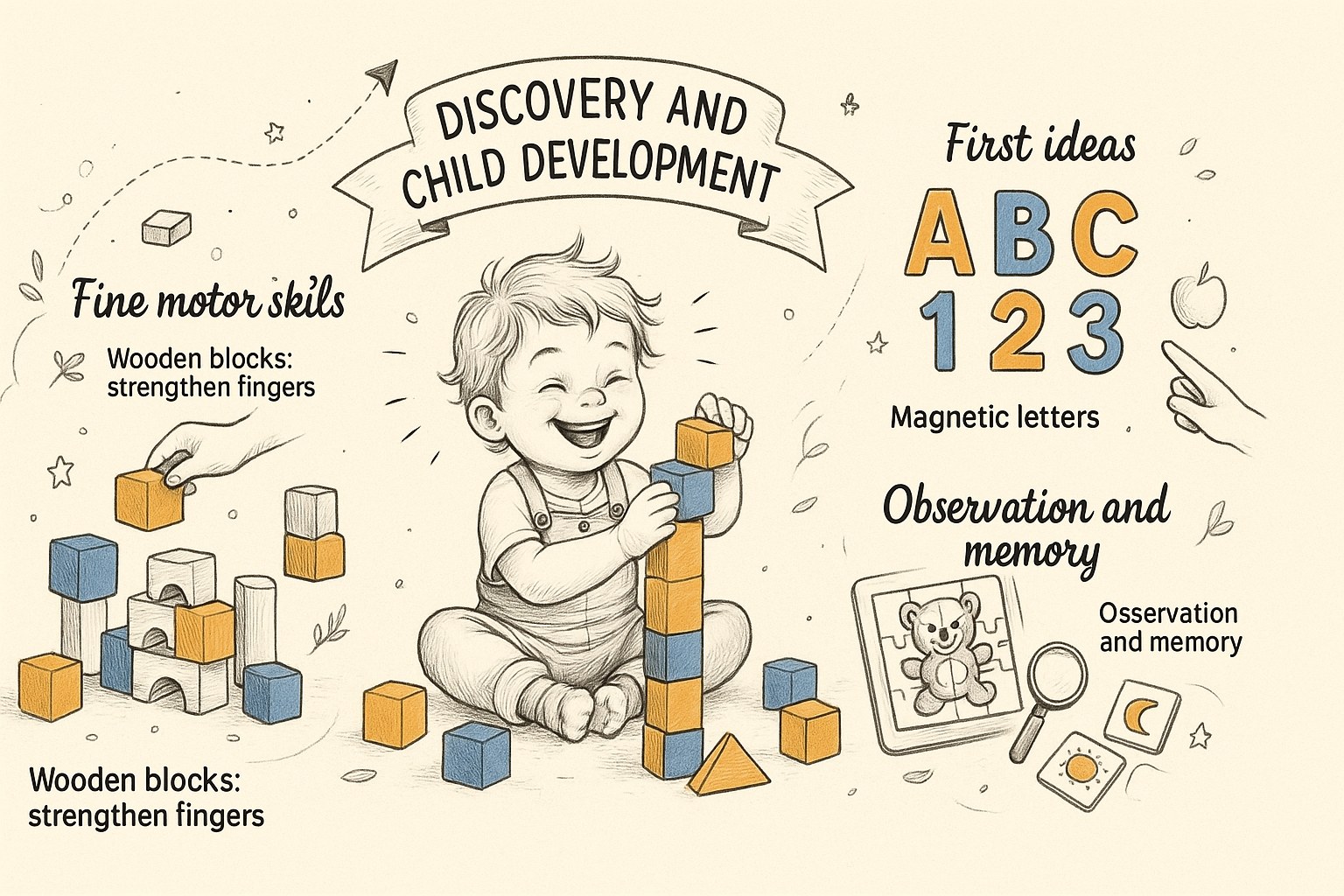 Young child handling colourful building blocks to develop motor skills
