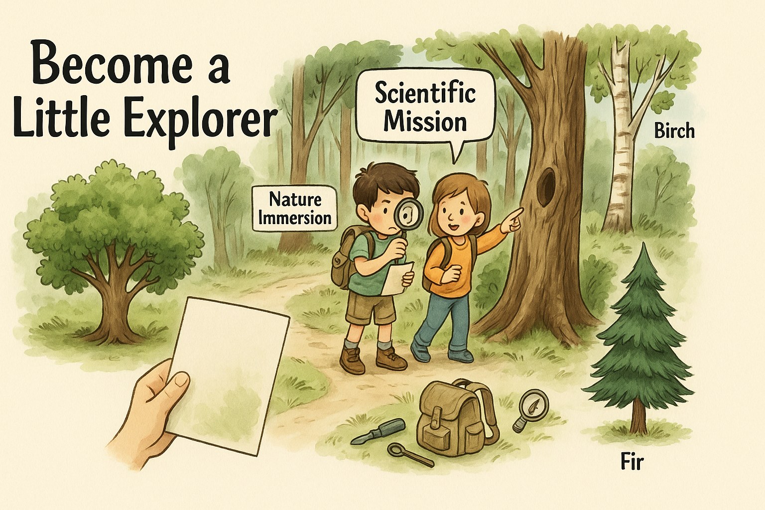 Young explorers examining tree leaves in the forest with educational sheets