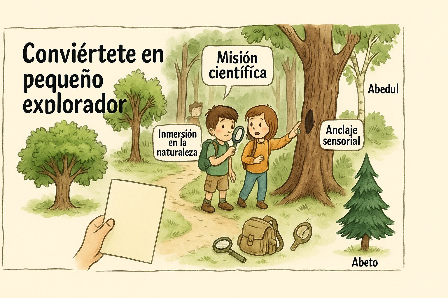 Niños exploradores examinando hojas de árboles en el bosque con fichas educativas