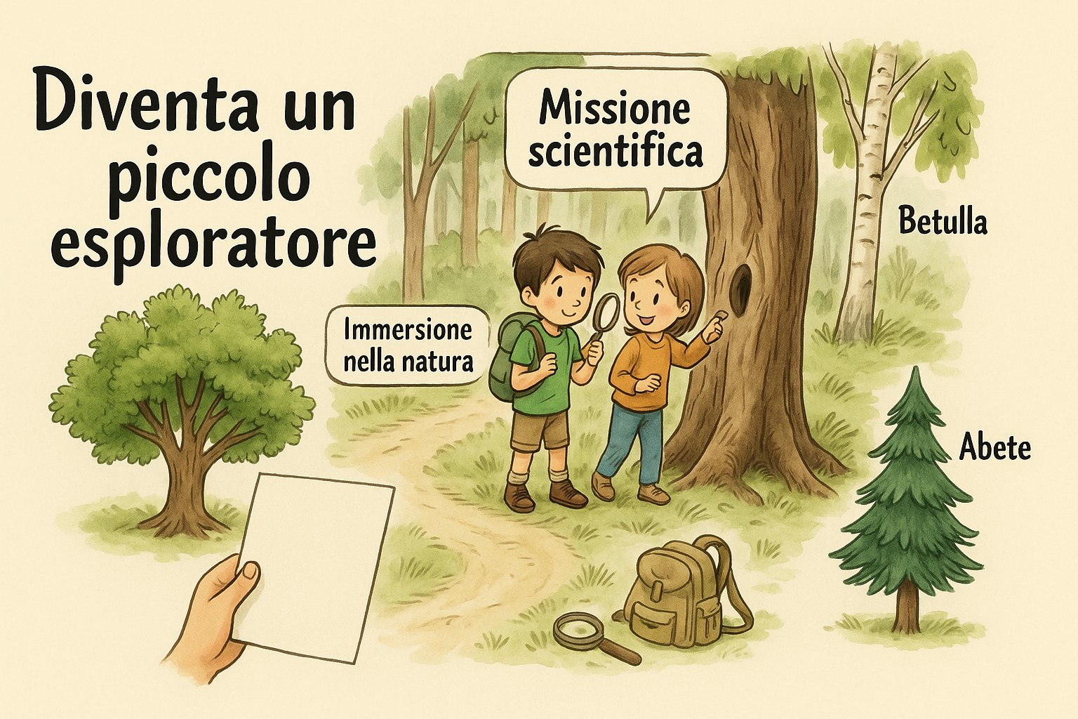 Bambini esploratori che esaminano foglie di alberi nel bosco con schede didattiche