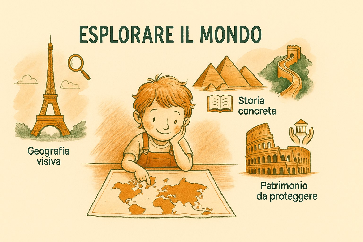 Bambino che esplora un mappamondo circondato da monumenti famosi, con etichette in italiano