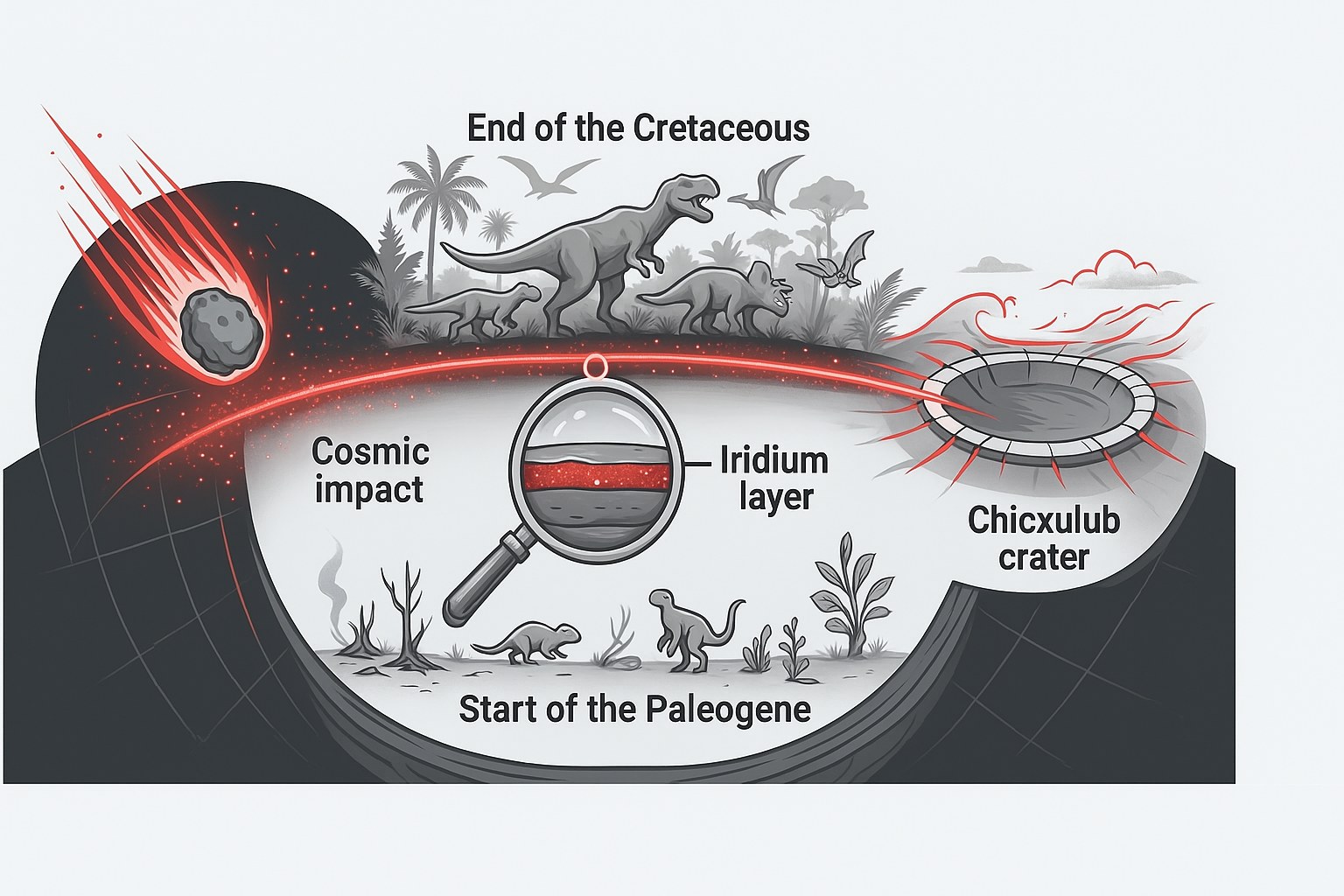 Infographic of the Cretaceous-Paleogene asteroid impact showing the iridium layer and the Chicxulub crater, labelled in English