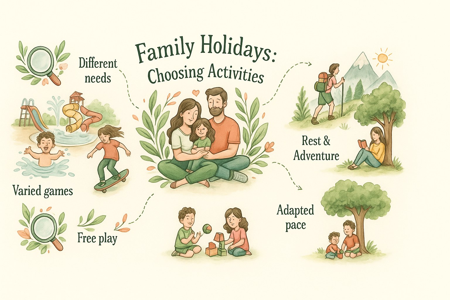 Watercolour infographic on choosing family summer activities, with a happy family and ideas for every age