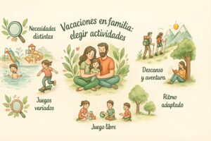 Infografía en acuarela sobre cómo elegir actividades de verano en familia, con una familia feliz e ideas para cada edad