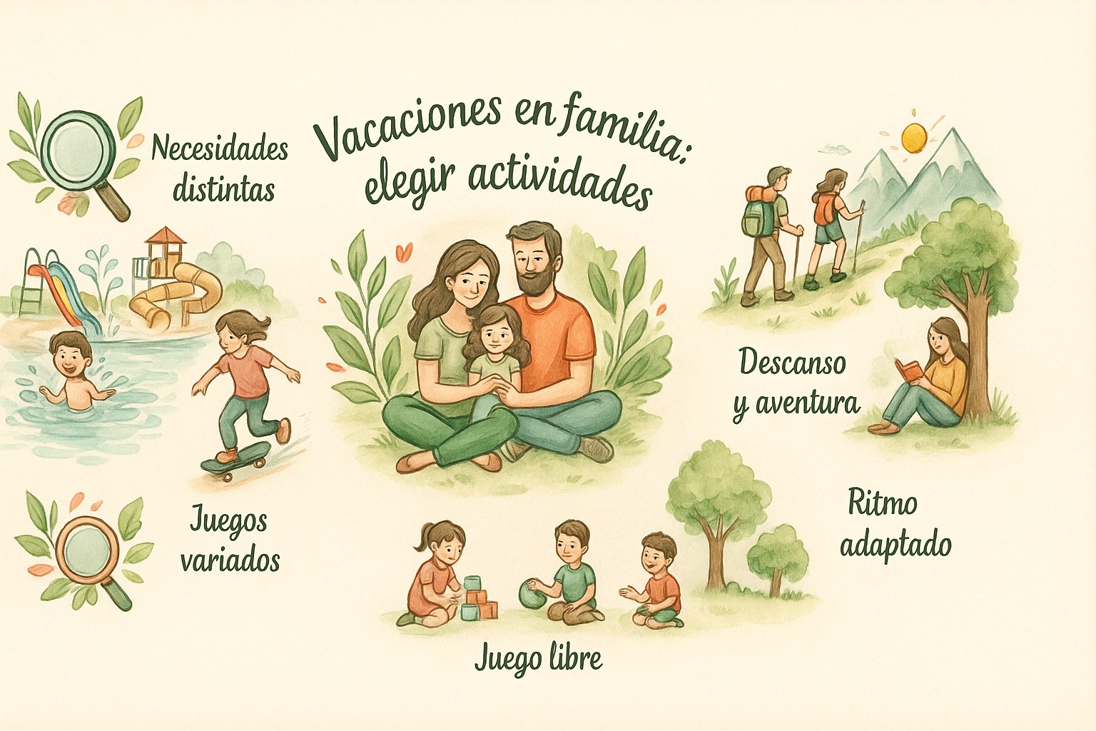 Infografía en acuarela sobre cómo elegir actividades de verano en familia, con una familia feliz e ideas para cada edad