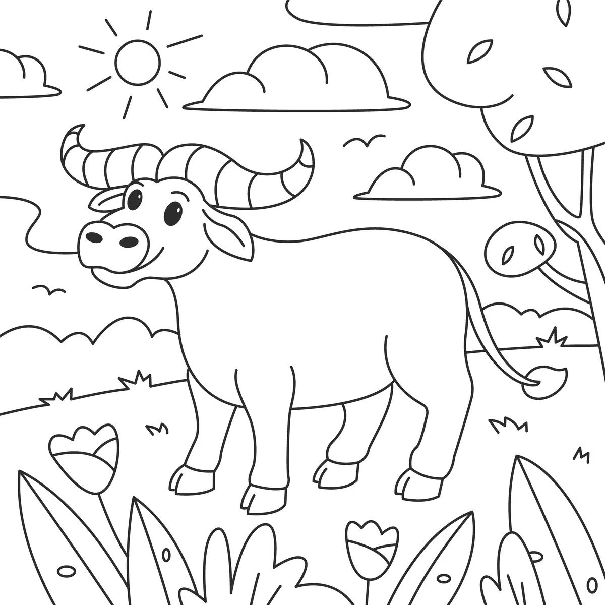 Big ox with large horns in the meadow colouring page to print