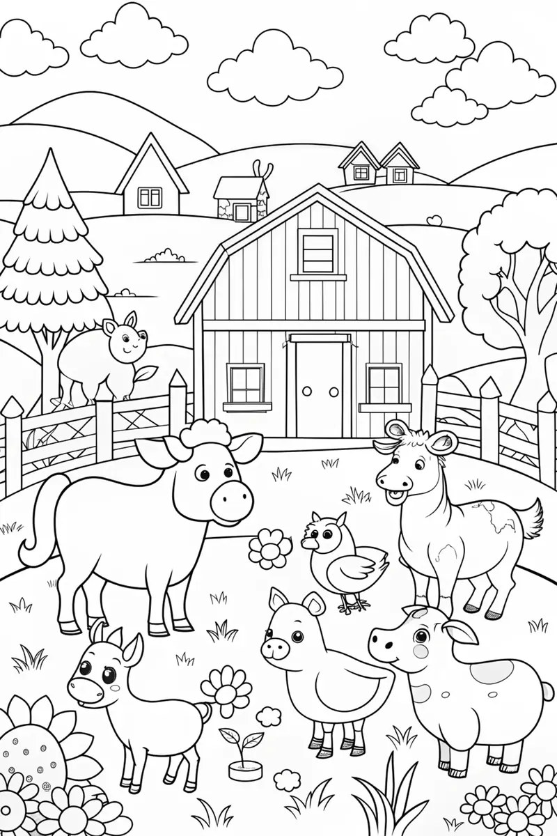 Big farm scene colouring page with a barn, cows, a pig and hills to print