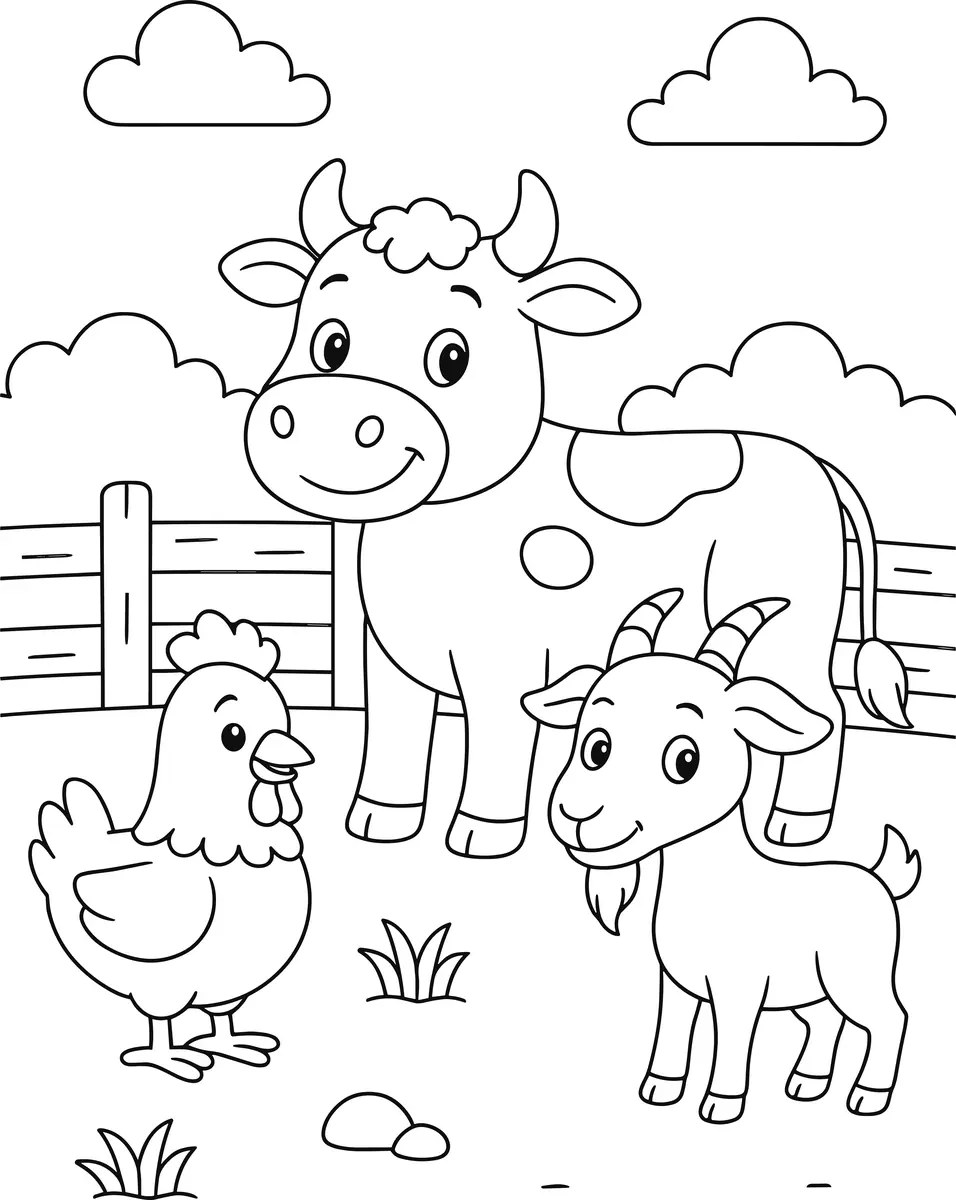 Cow, goat and hen in the meadow farm colouring page to print