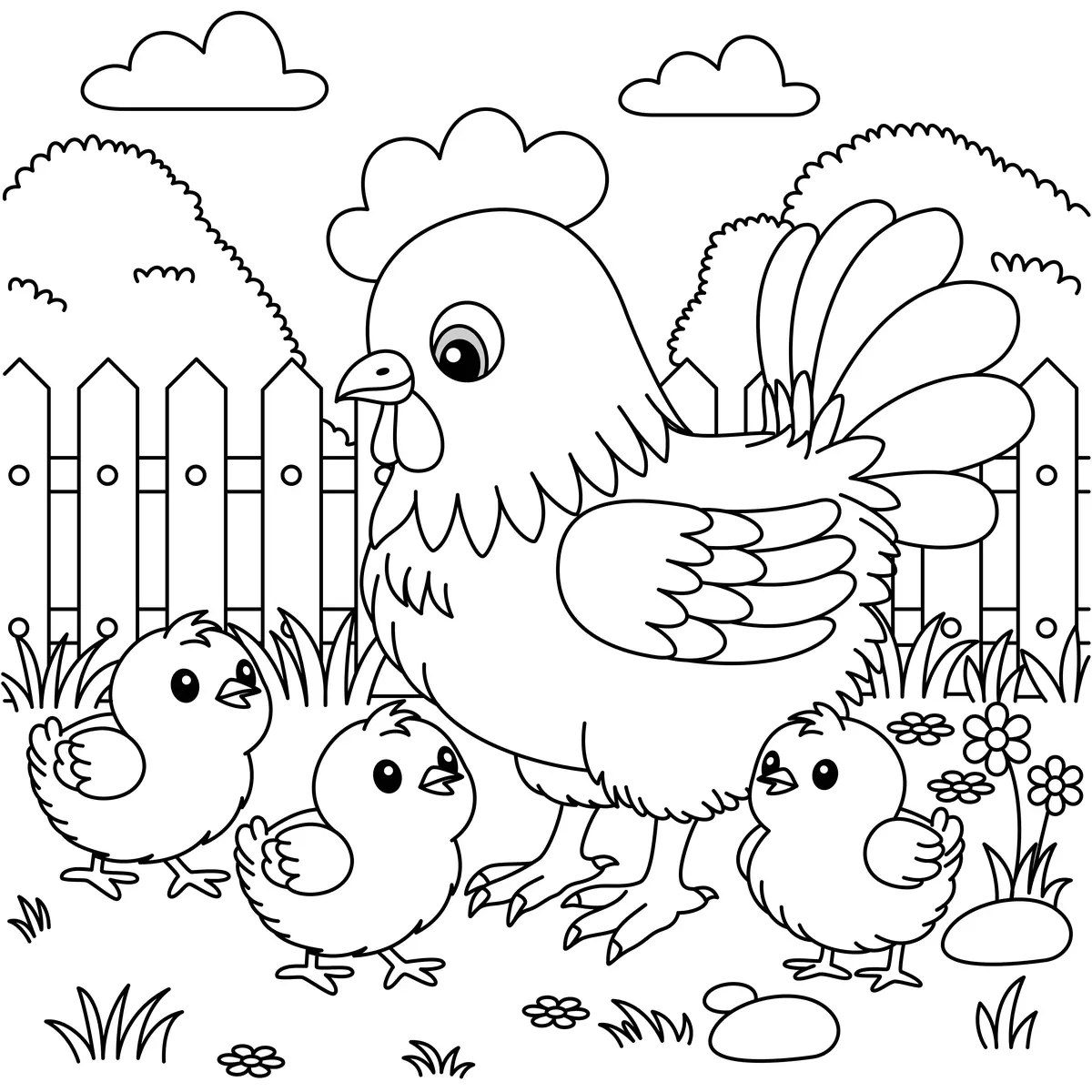 Mother hen with three chicks on the farm colouring page to print