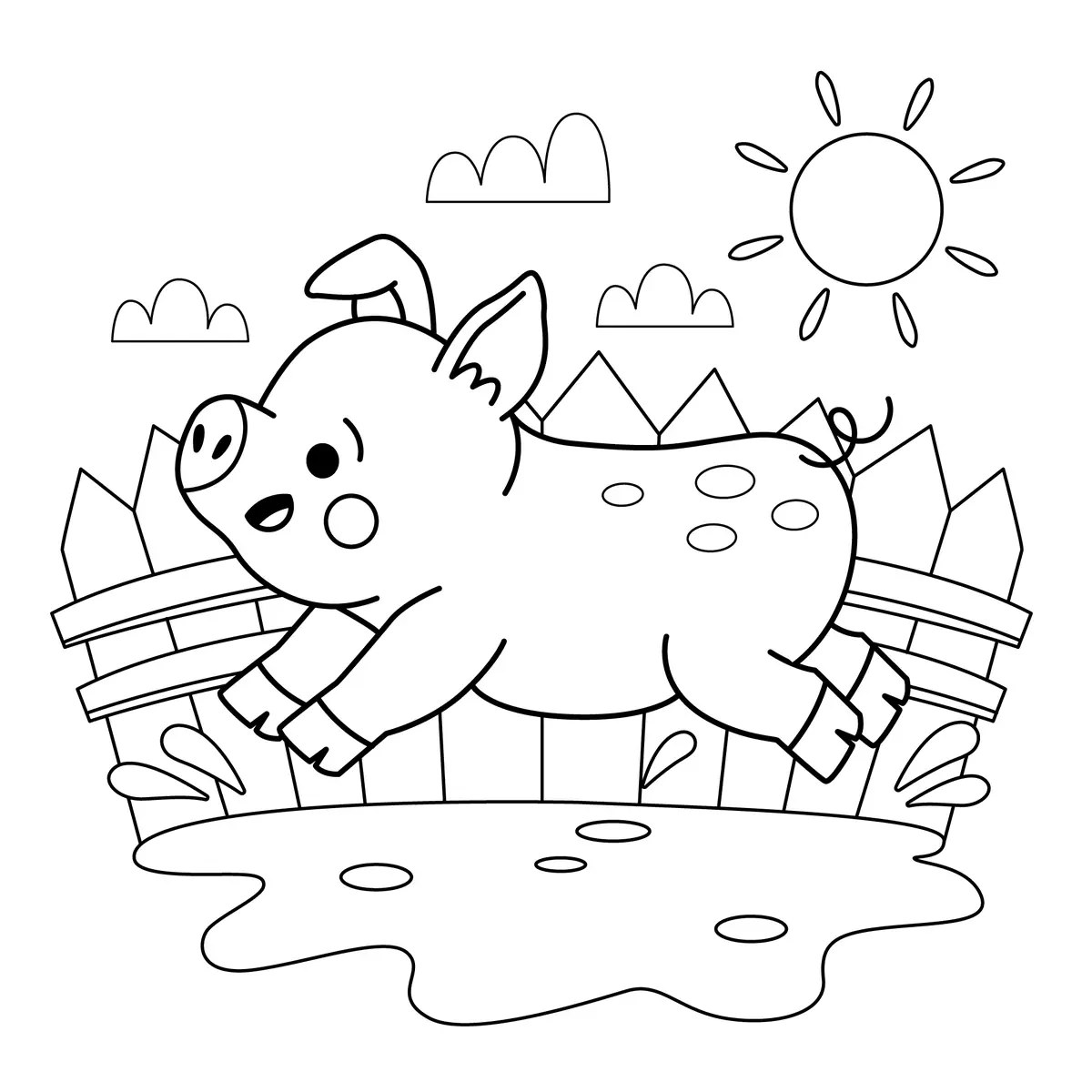 Little pig jumping over a mud puddle colouring page to print