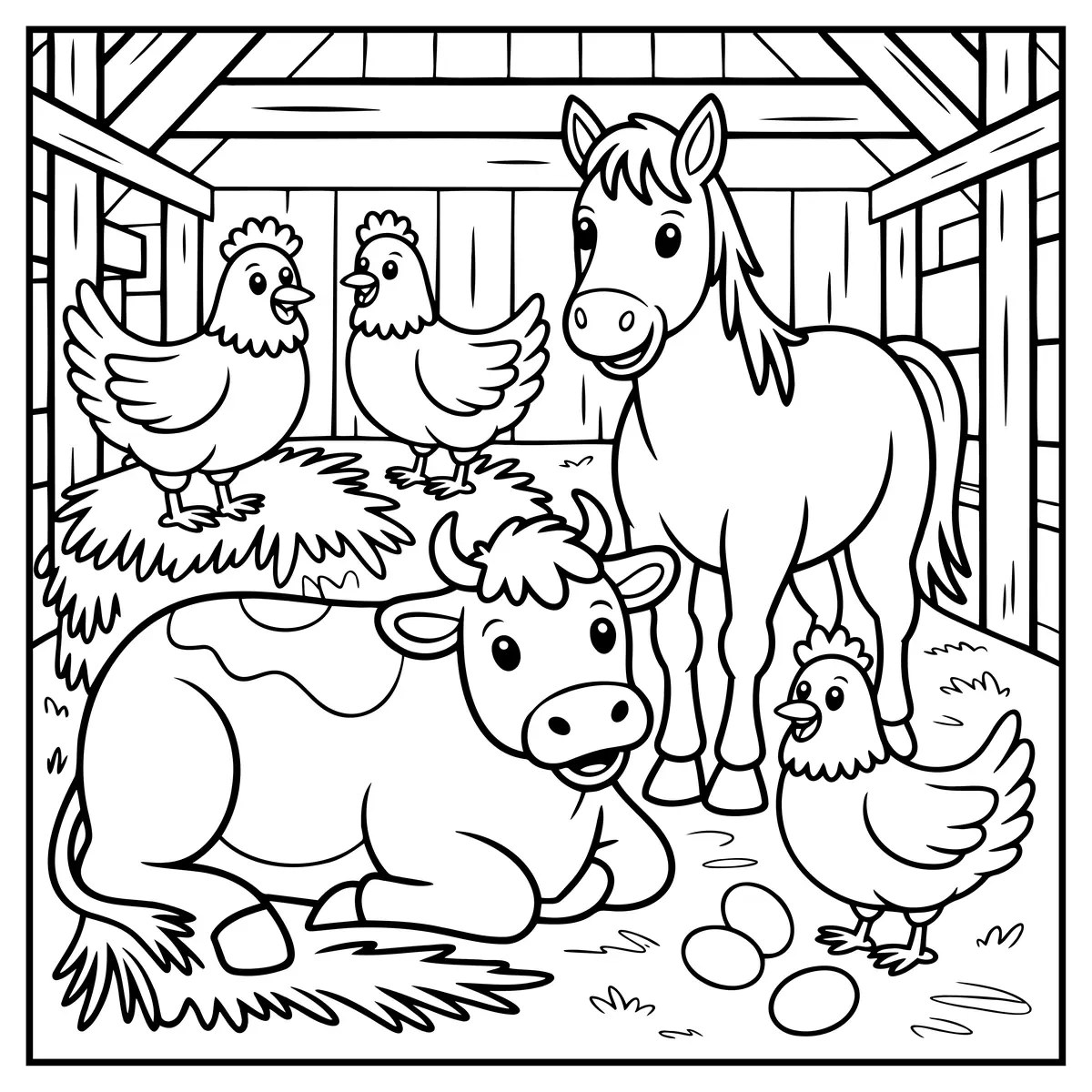 Stable colouring page with a lying cow, a horse, hens and eggs to print