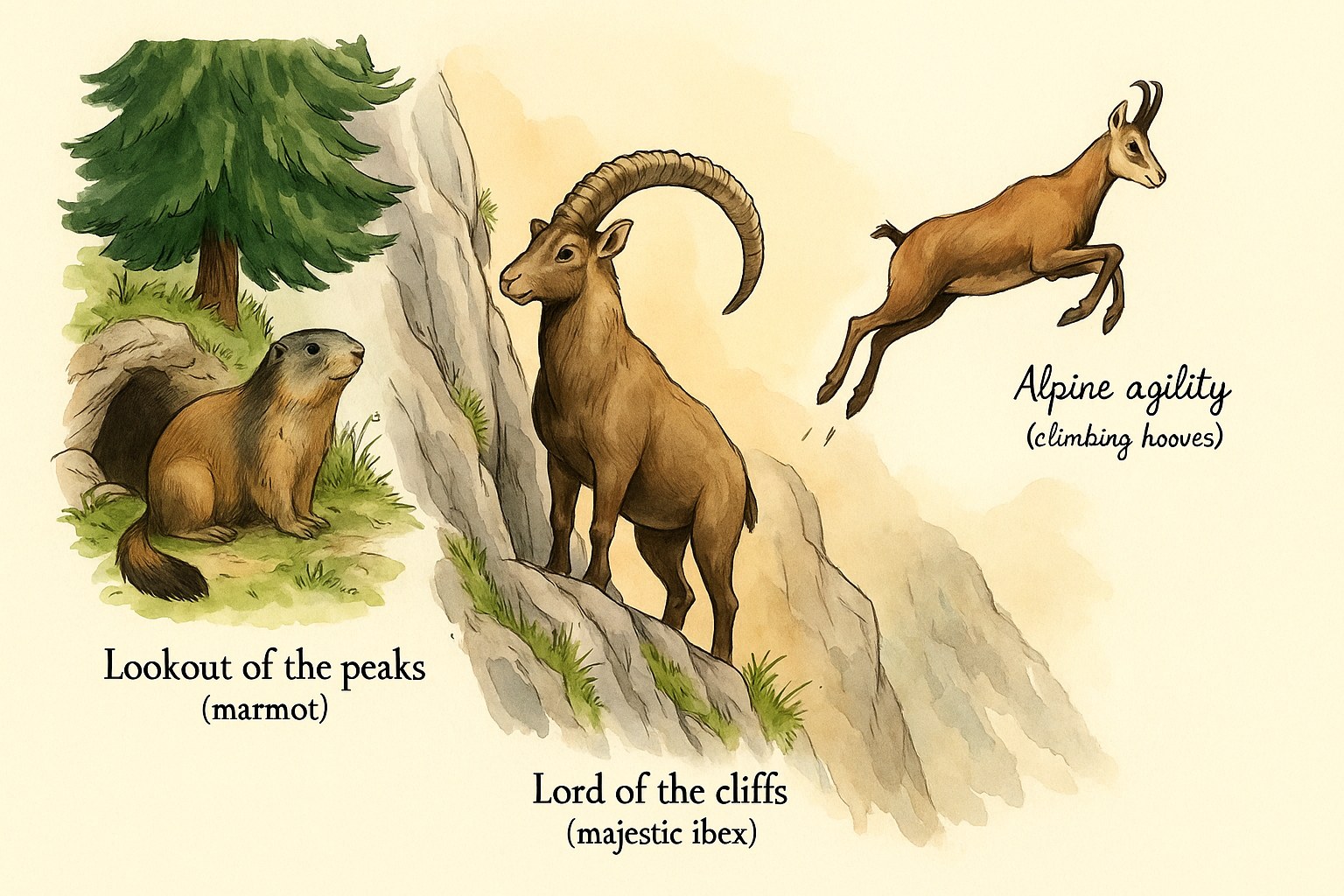 Marmot, ibex and chamois in their natural mountain habitat