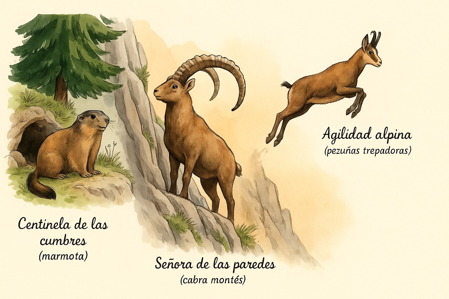 Marmota, cabra montés y rebeco en su hábitat natural de montaña