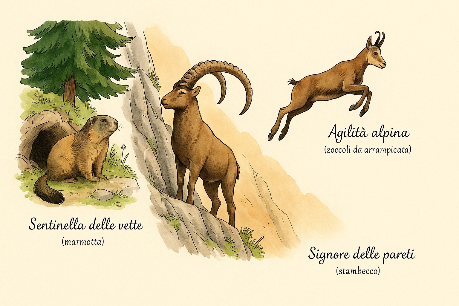 Marmotta, stambecco e camoscio nel loro habitat naturale di montagna