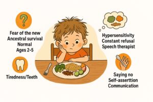 Child at a table refusing to eat, with labels on food neophobia: fear of the new, hypersensitivity, self-assertion