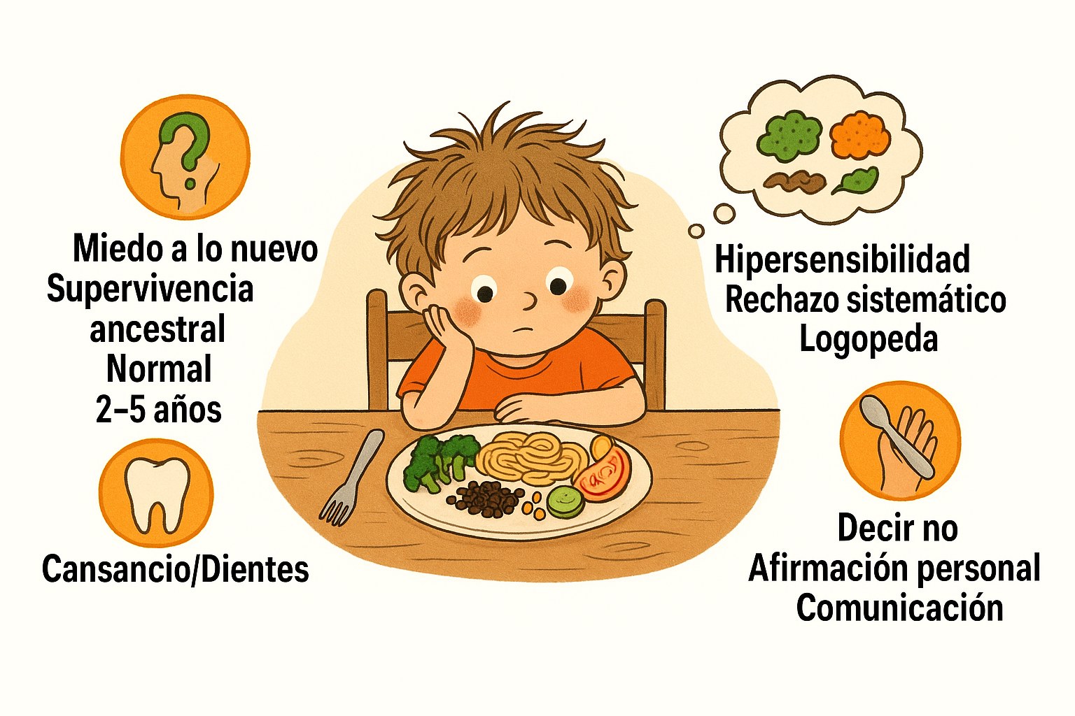 Niño sentado ante un plato de verduras negándose a comer, rodeado de etiquetas sobre los retos alimentarios