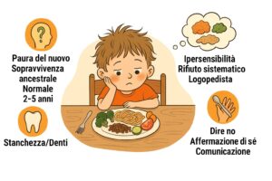 Bambino a tavola che rifiuta di mangiare, con etichette sulla neofobia alimentare: paura del nuovo, ipersensibilità