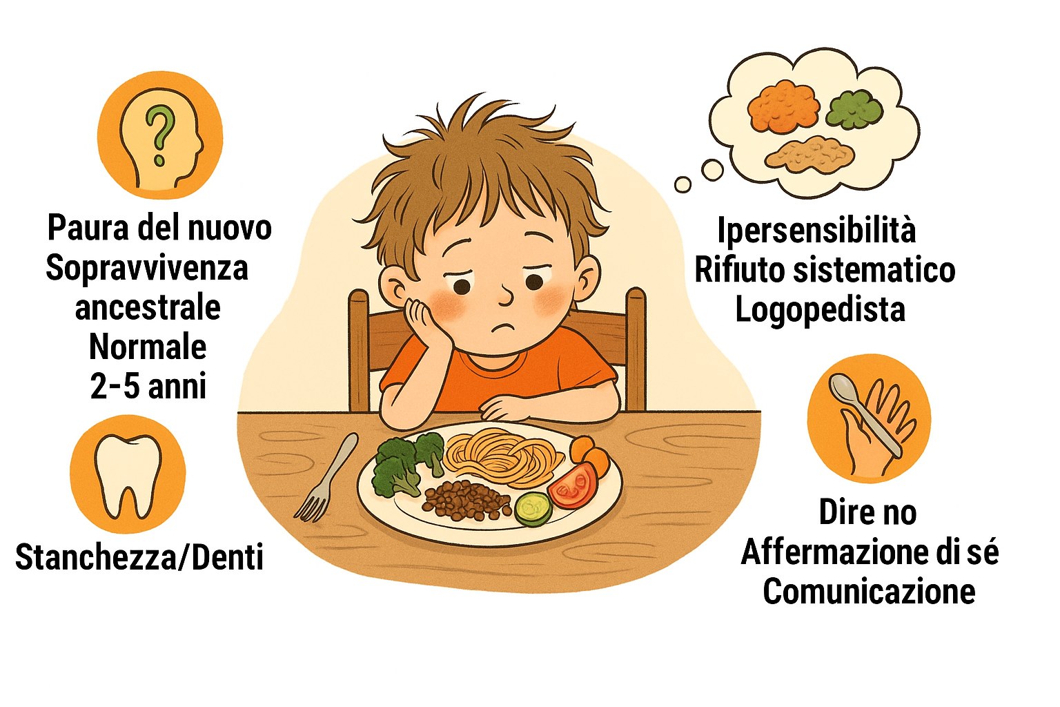 Bambino seduto davanti a un piatto di verdure che rifiuta di mangiare, circondato da etichette sulle sfide alimentari