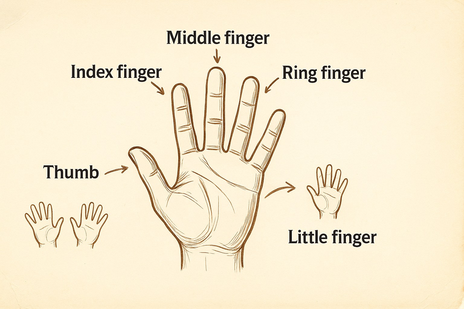 Educational illustration showing the names of the five fingers of the hand for children