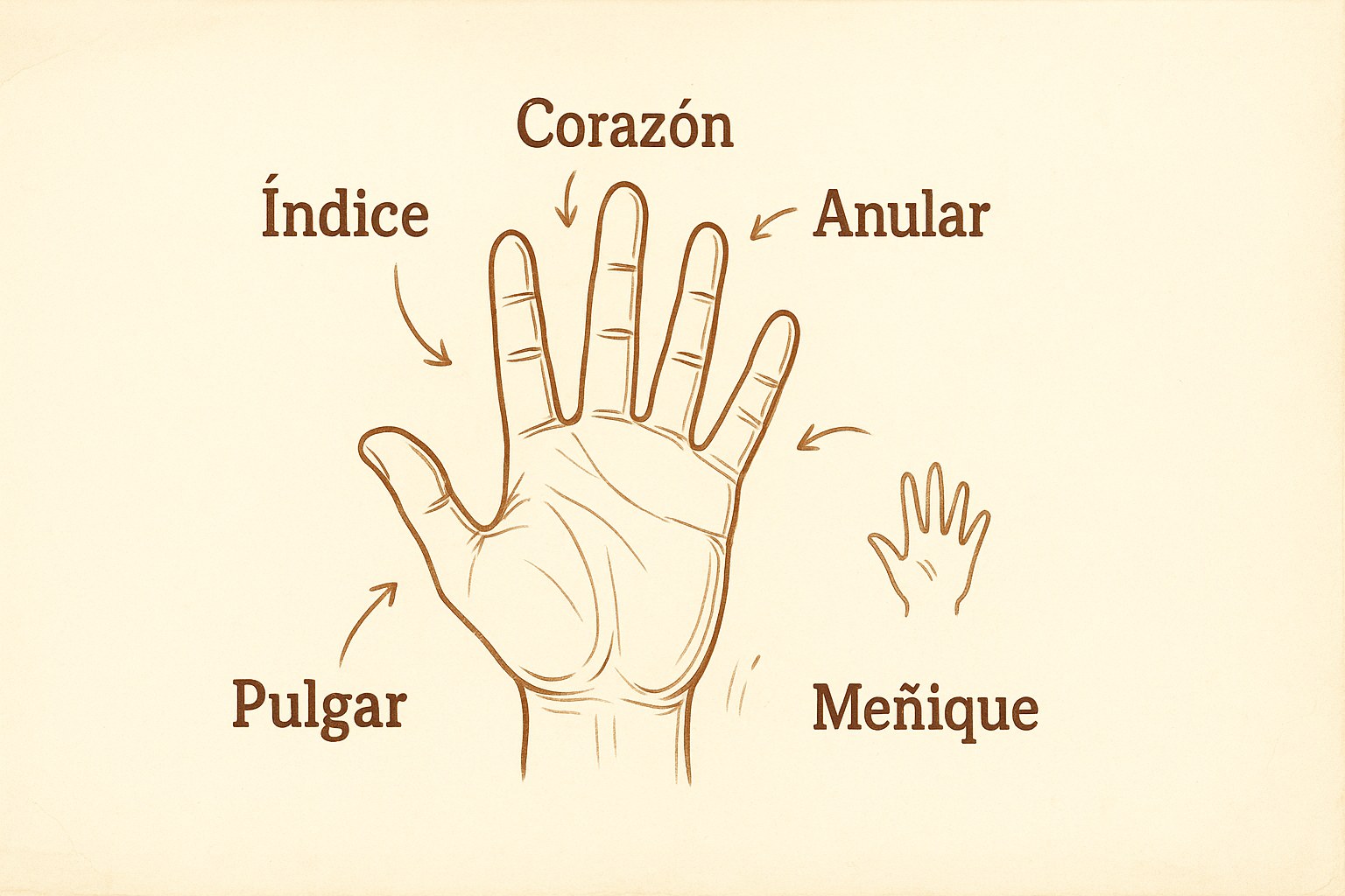 Mapa mental dibujado a mano de una mano abierta que muestra los nombres de los cinco dedos para niños