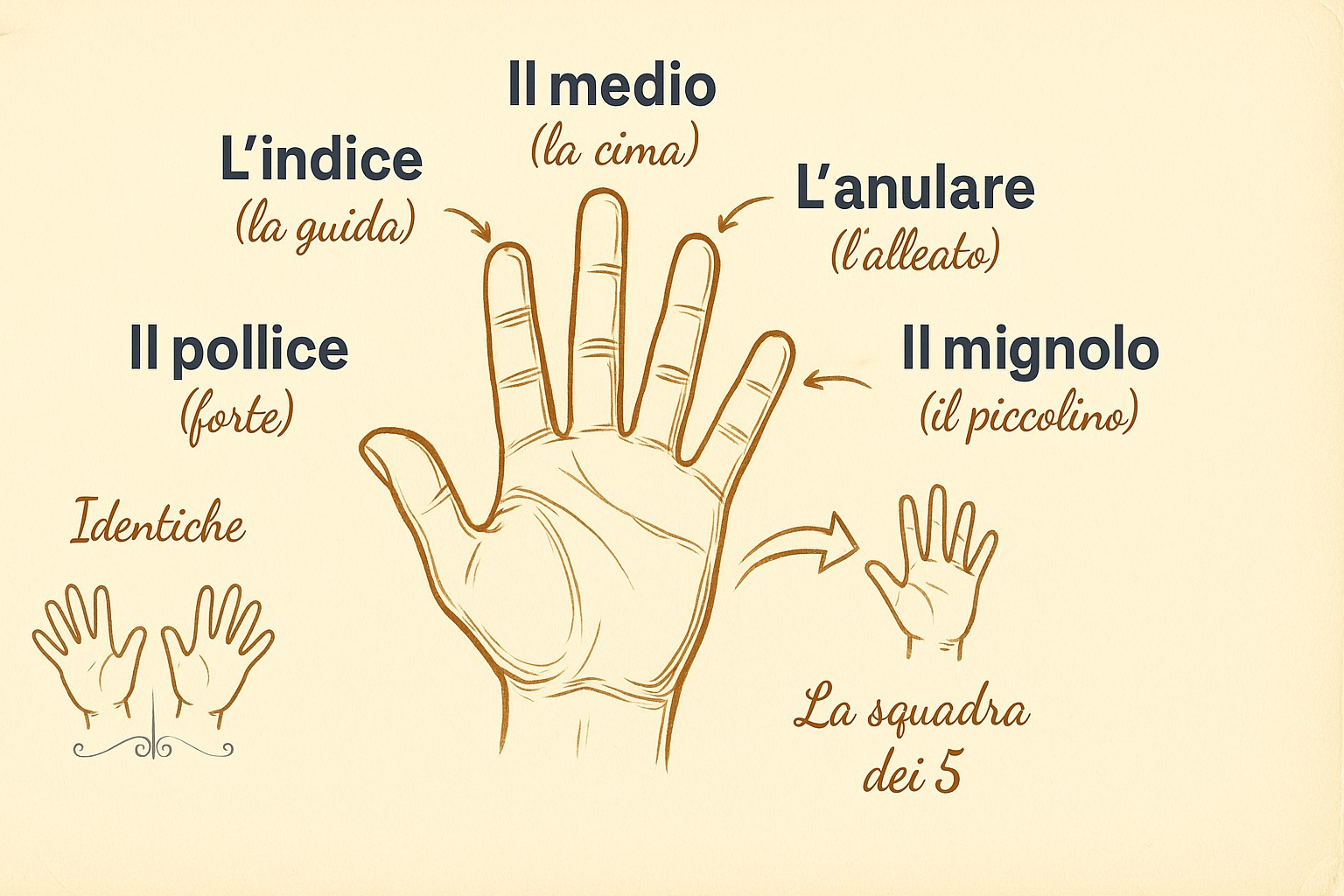 Illustrazione educativa che mostra i nomi delle 5 dita della mano per i bambini